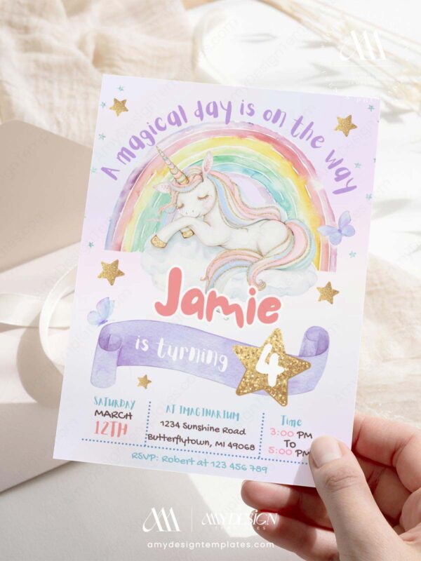 Editable Starry Unicorn Girls Birthday Invitation Canva Template | Whimsical Rainbow Party Invite | Dreamy Fairytale Invitation