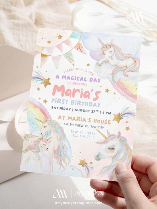 Unicorn Dreamland Birthday Invite Printable Template | Pastel Rainbow Girls Unicorn Party Invitation Canva