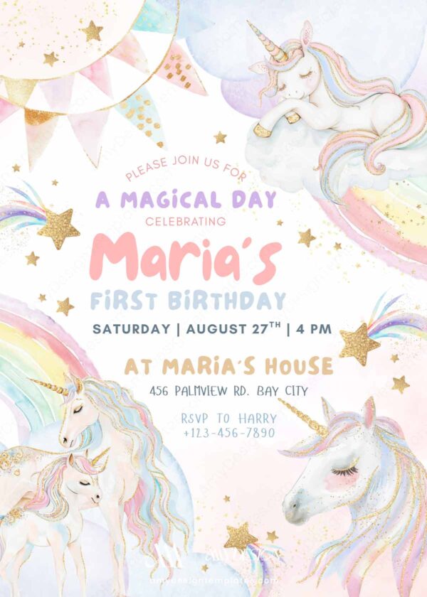 Unicorn Dreamland Birthday Invite Printable Template | Pastel Rainbow Girls Unicorn Party Invitation Canva