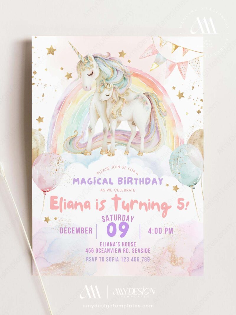 Pastel Rainbow Unicorn Birthday Invitation | Girls Birthday Unicorn ...