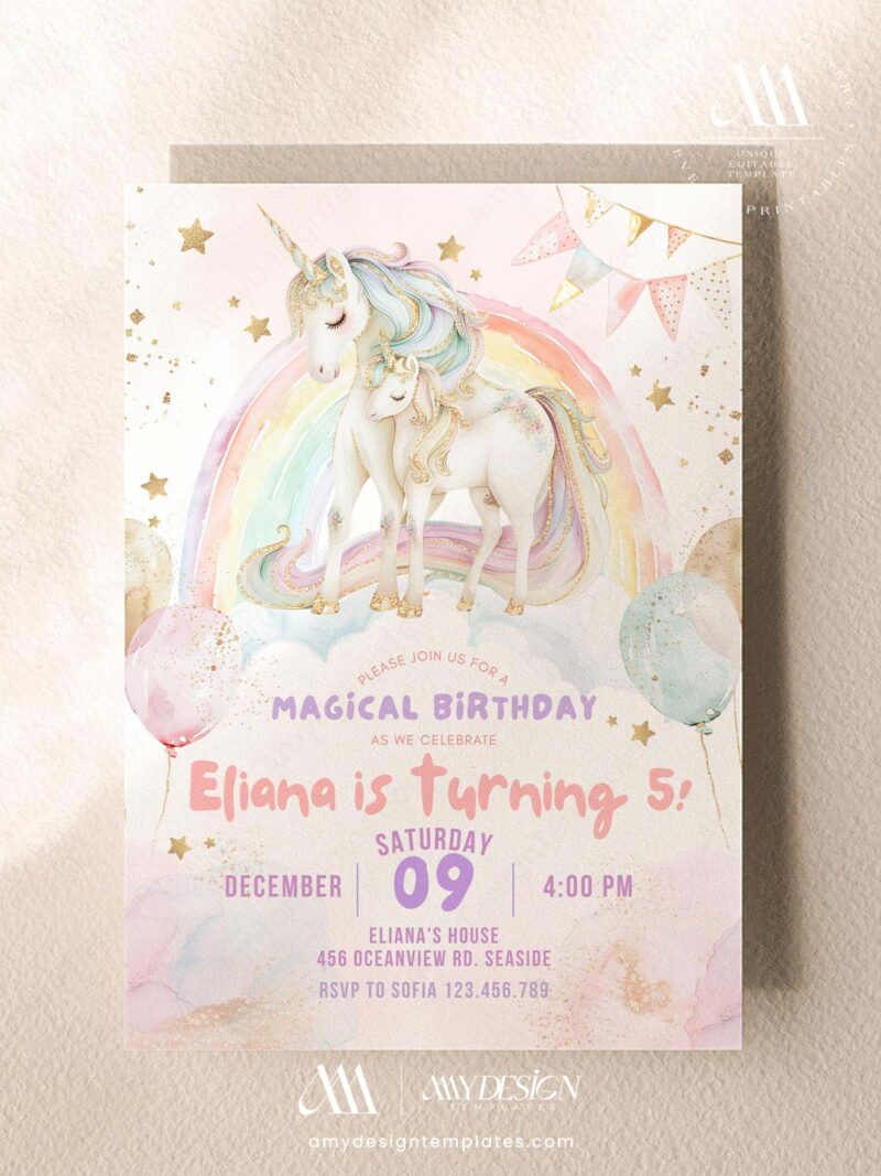 Pastel Rainbow Unicorn Birthday Invitation | Girls Birthday Unicorn ...