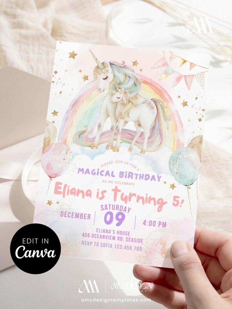 Pastel Rainbow Unicorn Birthday Invitation | Girls Birthday Unicorn ...