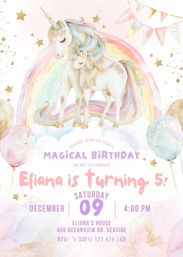 Pastel Rainbow Unicorn Birthday Invitation | Girls Birthday Unicorn Theme | Fully Editable in Canva | Girls Party Invite