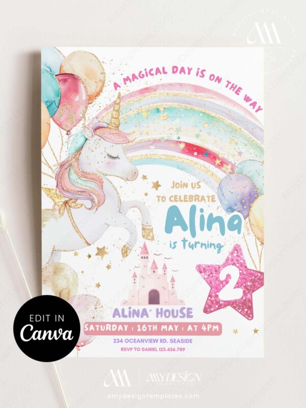 Unicorn Castle Birthday Invitation Card Rainbow Colorful | Editable Princess Pink Fairytale Girls Invitation