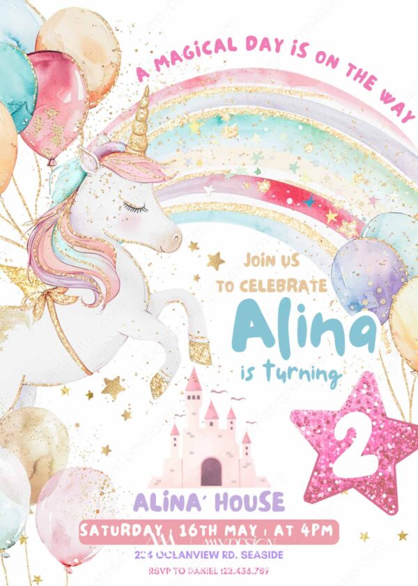 Unicorn Castle Birthday Invitation Card Rainbow Colorful | Editable Princess Pink Fairytale Girls Invitation