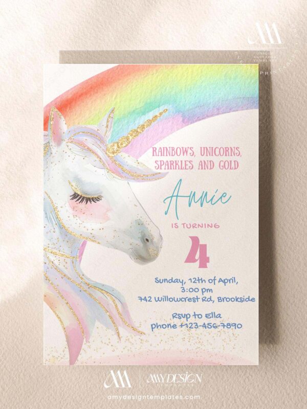 Vibrant Rainbow Party Unicorn Birthday Invitation Card | Sparkly Girls Kids Party Invite Canva Template