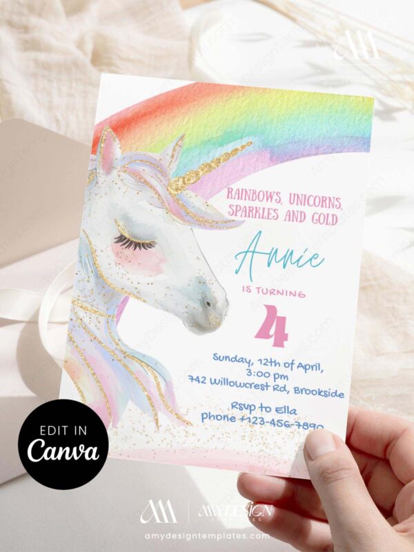 Vibrant Rainbow Party Unicorn Birthday Invitation Card | Sparkly Girls Kids Party Invite Canva Template