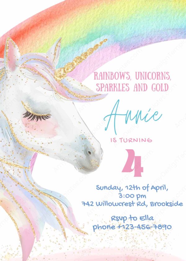 Vibrant Rainbow Party Unicorn Birthday Invitation Card | Sparkly Girls Kids Party Invite Canva Template