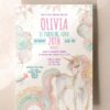 Editable Unicorn Elegant Birthday Invitation Card Canva Template | Sparkly Balloon Party Pastel Girls Invitation