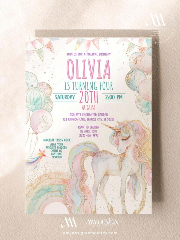 Editable Unicorn Elegant Birthday Invitation Card Canva Template | Sparkly Balloon Party Pastel Girls Invitation