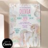Editable Unicorn Elegant Birthday Invitation Card Canva Template | Sparkly Balloon Party Pastel Girls Invitation
