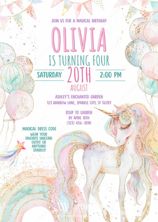 Editable Unicorn Elegant Birthday Invitation Card Canva Template | Sparkly Balloon Party Pastel Girls Invitation