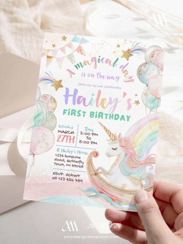 Editable Unicorn Moon Boat Birthday Invite Printable | Dreamy Crescent Party Kid Girls Birthday Party | Editable Canva Template
