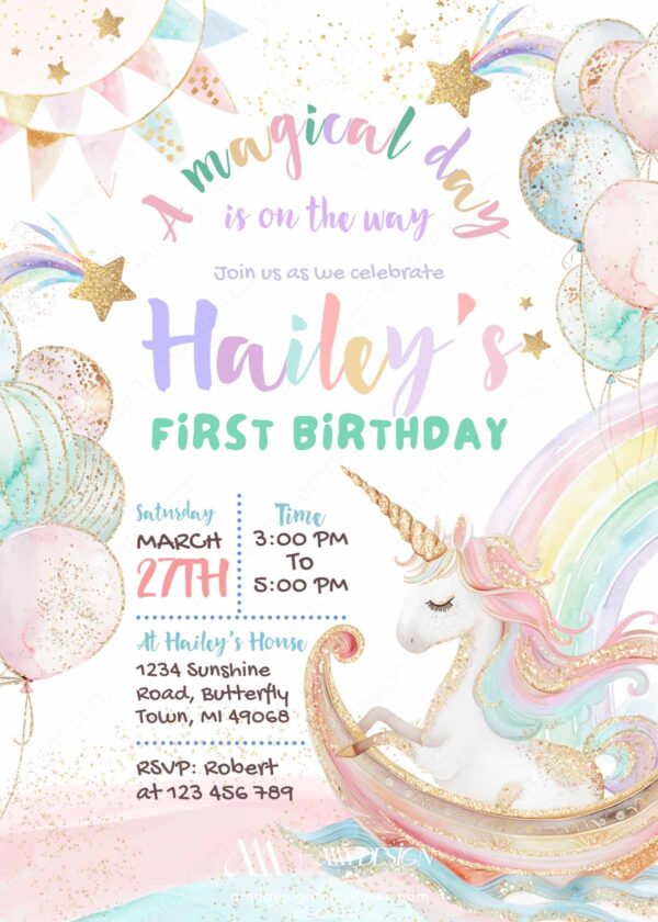 Editable Unicorn Moon Boat Birthday Invite Printable | Dreamy Crescent Party Kid Girls Birthday Party | Editable Canva Template