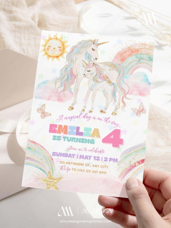 Printable Girls Birthday Party Unicorn Rainbow Invitation Card | Colorful Girls Party Invite | Editable Canva Template