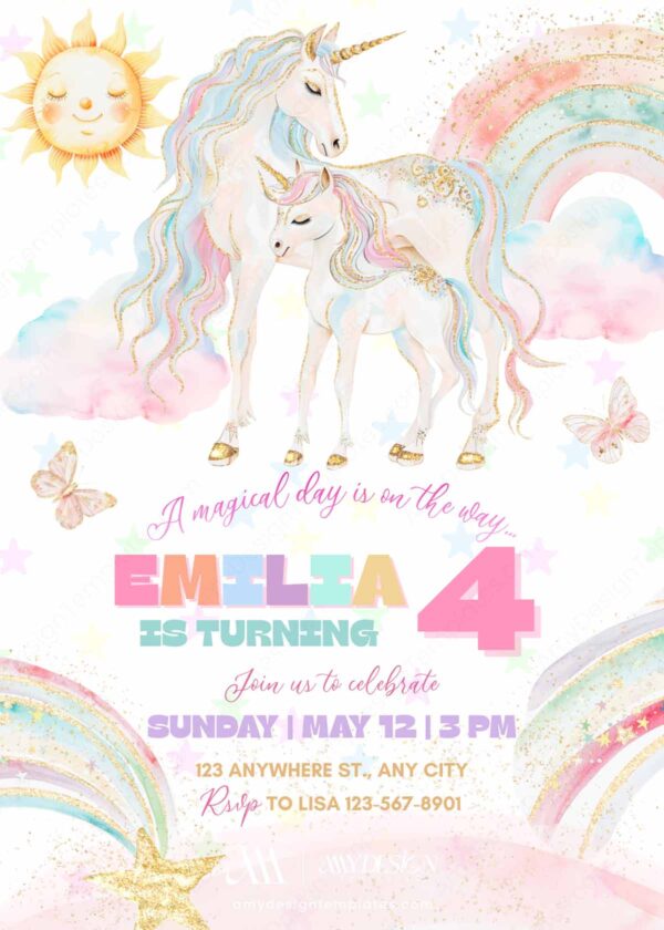 Printable Girls Birthday Party Unicorn Rainbow Invitation Card | Colorful Girls Party Invite | Editable Canva Template