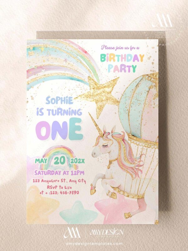 Magical Girls Party Unicorn Birthday Invitation Template Canva | Hot Air Balloon Birthday Invite