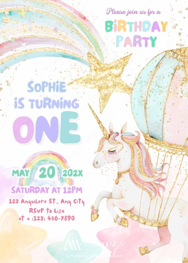 Magical Girls Party Unicorn Birthday Invitation Template Canva | Hot Air Balloon Birthday Invite