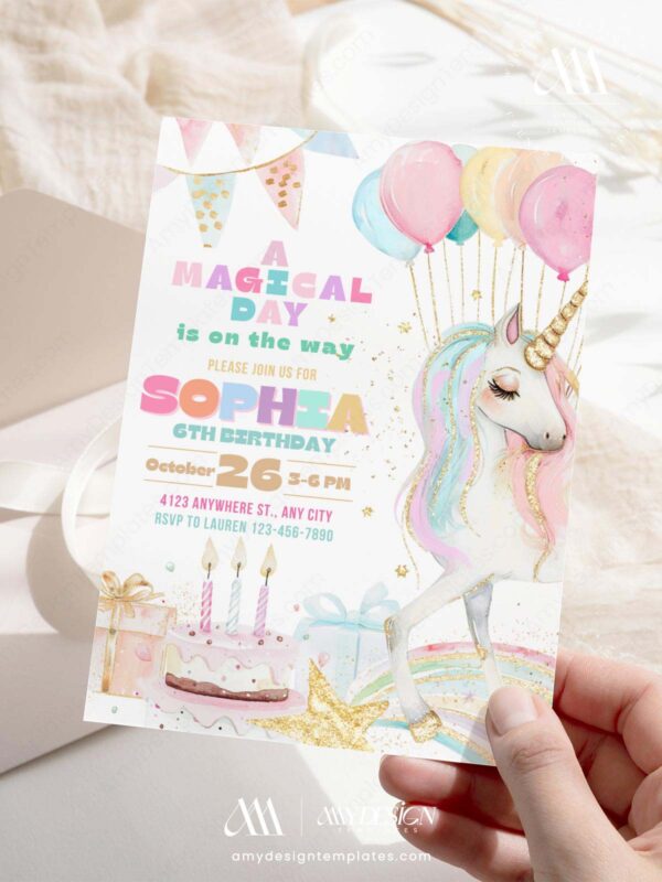 Colorful Unicorn Birthday Cake Party Invitation Card | Magical Unicorn Girls Invite Printables