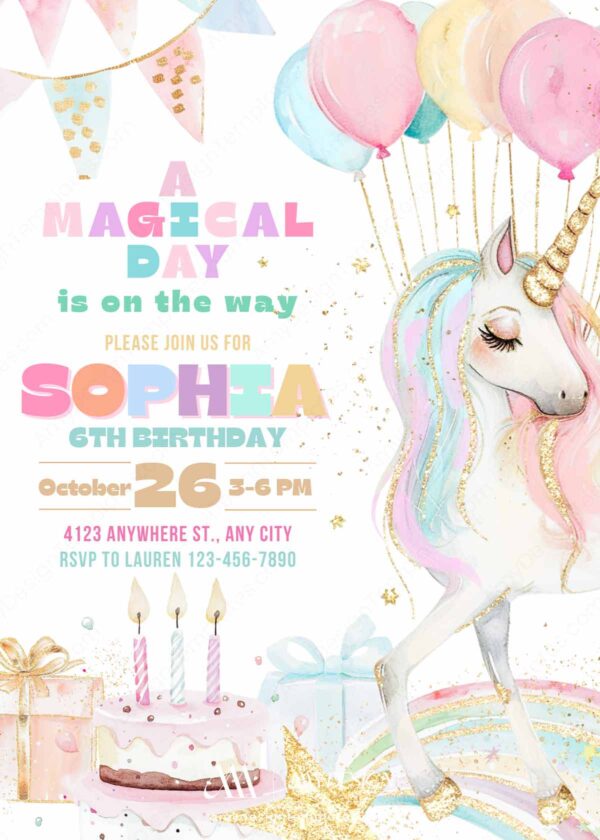 Colorful Unicorn Birthday Cake Party Invitation Card | Magical Unicorn Girls Invite Printables