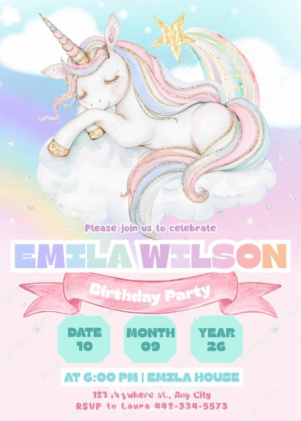 Editable Pastel Unicorn Sleeping on Cloud Birthday Invite | Starry Girls Invitation Canva Template