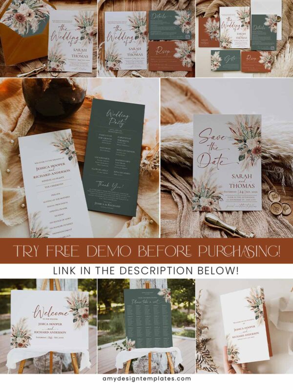 Rustic Boho Terracotta Sage Green Wedding Invitation Template Bundle | DIY Wedding Stationery Bundles Printable | Earthy Desert