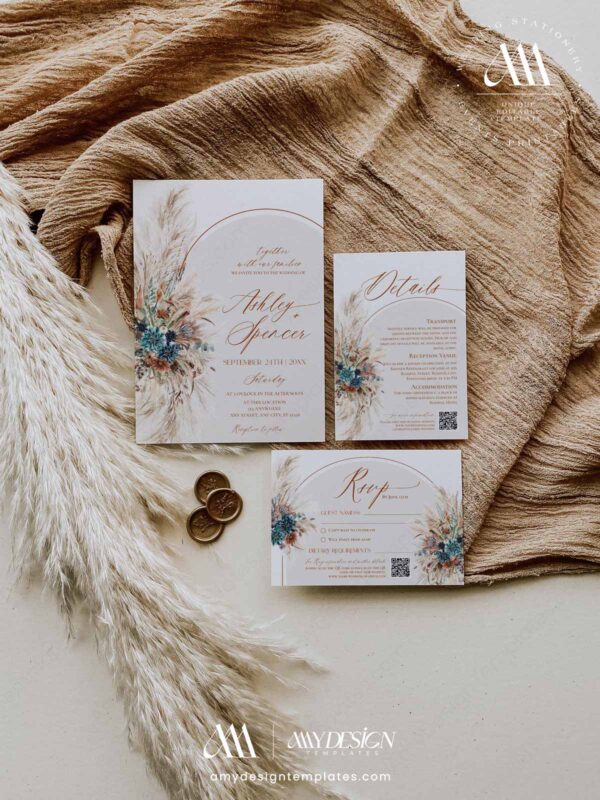Teal Terracotta Boho Wedding Invitation Suite | Bohemian Fall Wedding Editable Template with QR Code