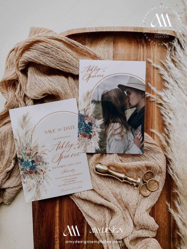 Teal Terracotta Save The Date Card Template Printable | Autumn Boho Photo Wedding Template Editable