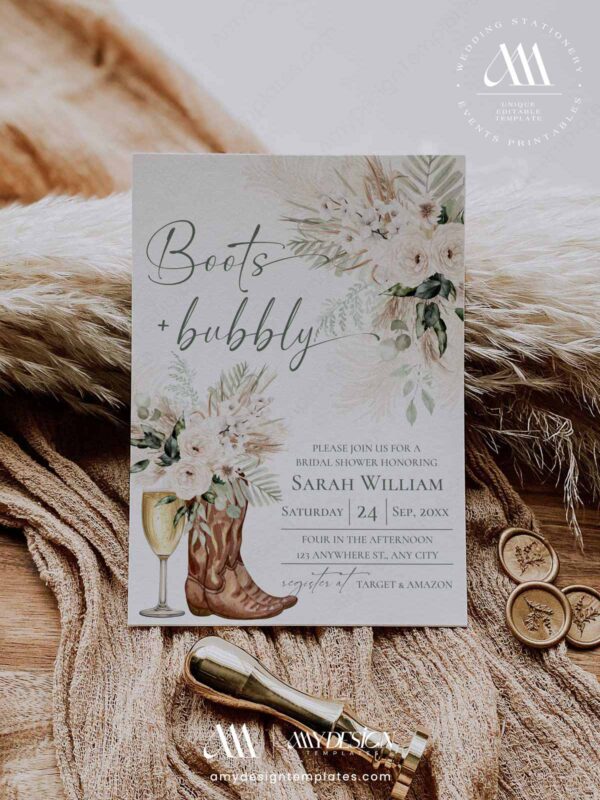 Boots & Bubbly Bridal Shower Invitation Editable Template Printable | White & Cream Greenery Rustic Western Boho