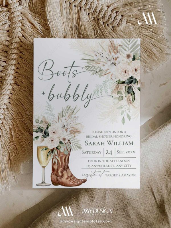 Boots & Bubbly Bridal Shower Invitation Editable Template Printable | White & Cream Greenery Rustic Western Boho