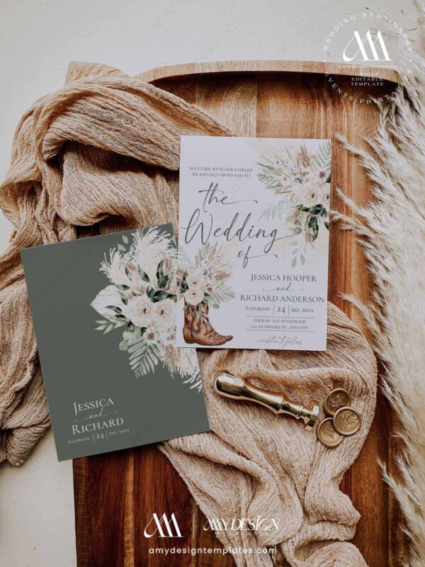 Rustic Boho Fall Wedding Invitations Template Bundle | Earthy Tan Wedding Stationery Printable Greenery Western Boho Wedding Invitation Template | Rustic Country Boots | Sage Green Desert Wedding Invite