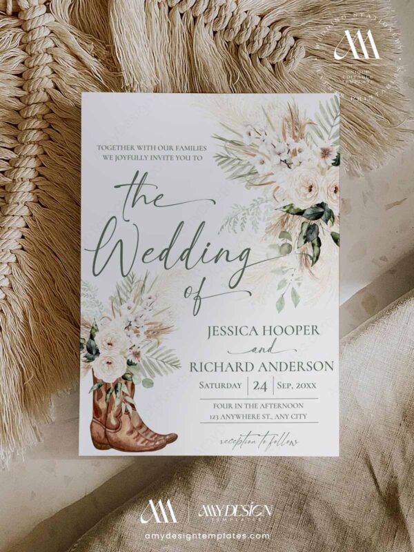 Greenery Western Boho Wedding Invitation Template | Rustic Country Boots | Sage Green Desert Wedding Invite