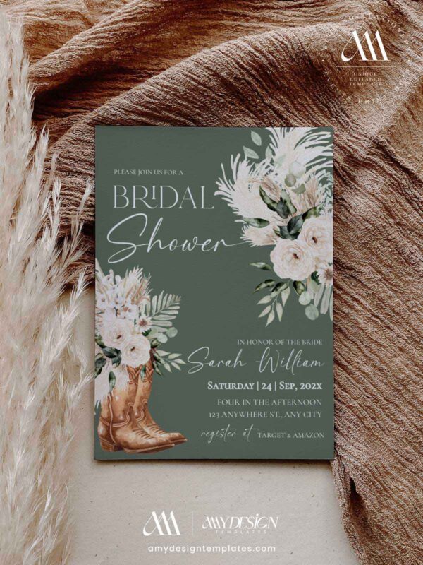 Sage Green Bridal Shower Invitation Template Western Boho Boots | Rustic Country Bridal Shower Invite | Desert Cowgirl Editable Invitation