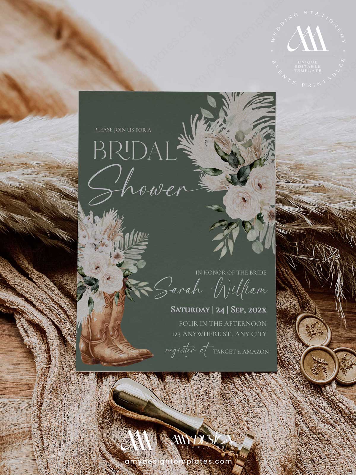 Sage Green Bridal Shower Invitation Template Western Boho Boots | Rustic Country Bridal Shower Invite | Desert Cowgirl Editable Invitation Sage Green Bridal Shower Invitation Template Western Boho Boots | Rustic Country Bridal Shower Invite | Desert Cowgirl Editable Invitation