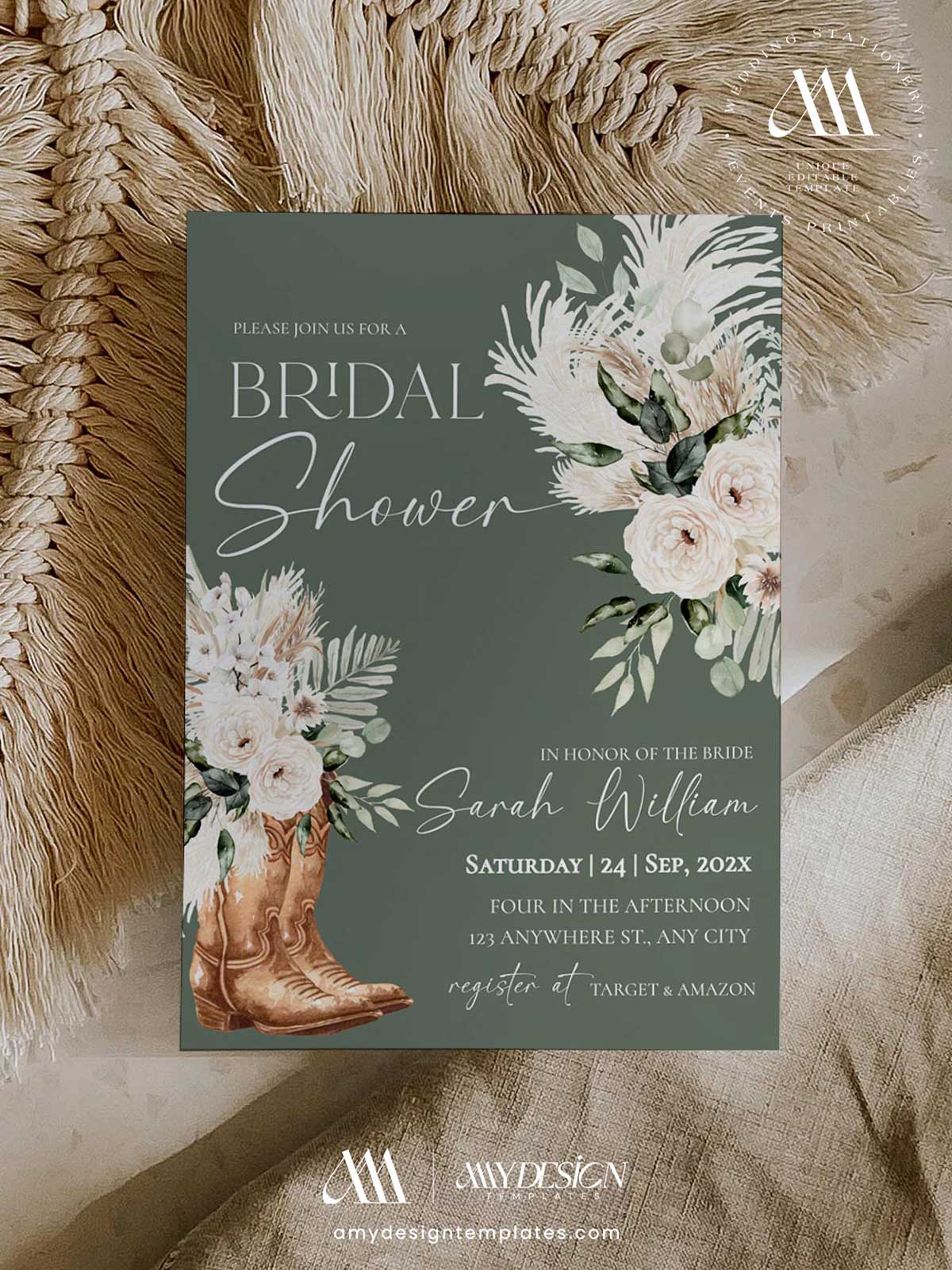 Sage Green Bridal Shower Invitation Template Western Boho Boots | Rustic Country Bridal Shower Invite | Desert Cowgirl Editable Invitation Sage Green Bridal Shower Invitation Template Western Boho Boots | Rustic Country Bridal Shower Invite | Desert Cowgirl Editable Invitation