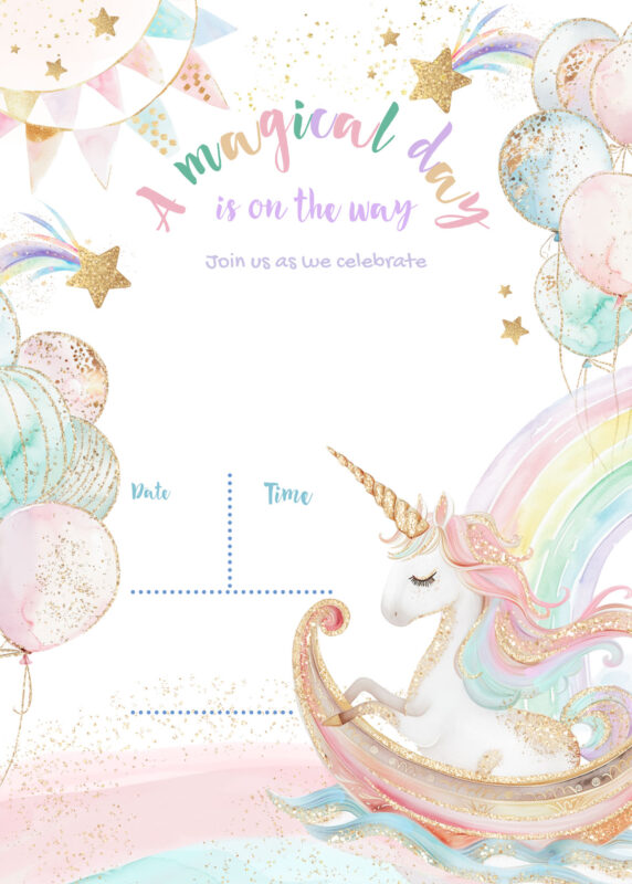 Free Unicorn Birthday Party Invitation Card Blank Background Templates 