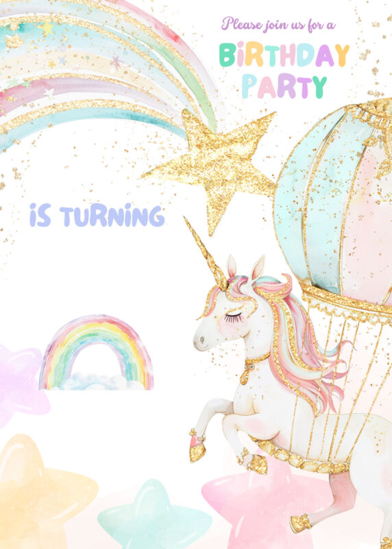 Free Unicorn Birthday Party Invitation Card Blank Background Templates 