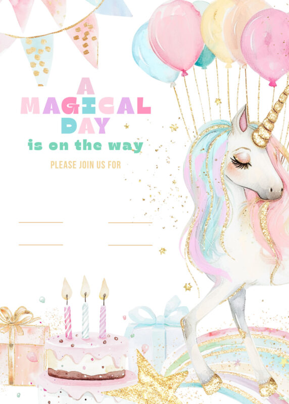 Free Unicorn Birthday Party Invitation Card Blank Background Templates 
