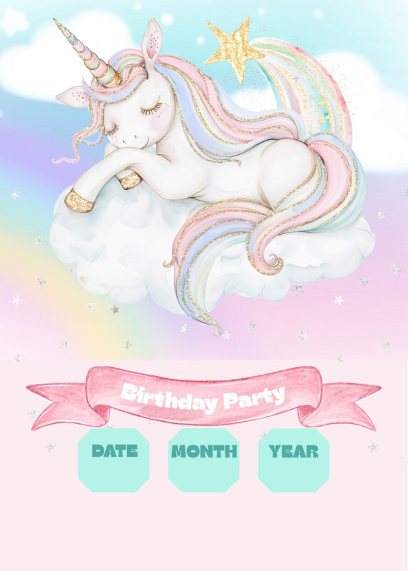 Free Unicorn Birthday Party Invitation Card Blank Background Templates 