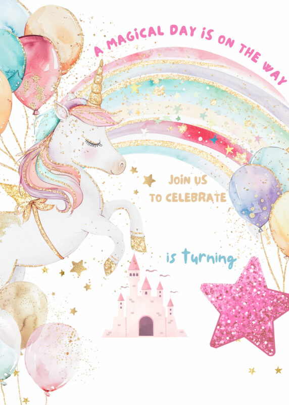 Free Unicorn Birthday Party Invitation Card Blank Background Templates 