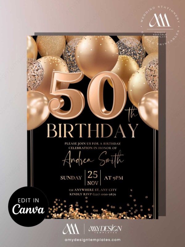 Elegant Gold Black 50th Birthday Invitation Card | Editable Canva Template