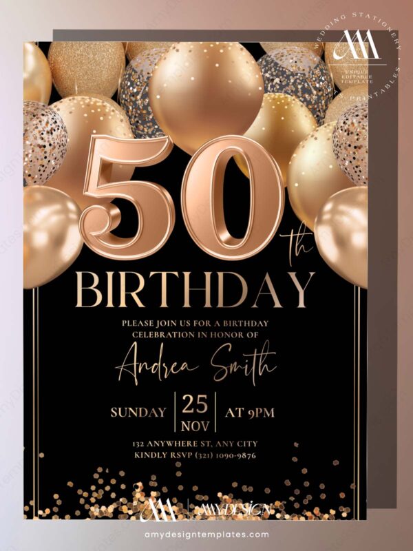 Elegant Gold Black 50th Birthday Invitation Card | Editable Canva Template