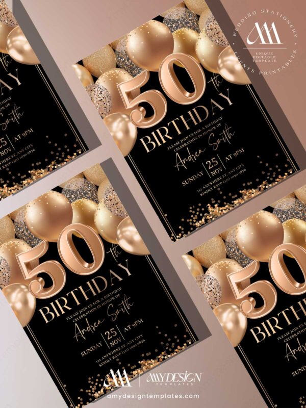 Elegant Gold Black 50th Birthday Invitation Card | Editable Canva Template