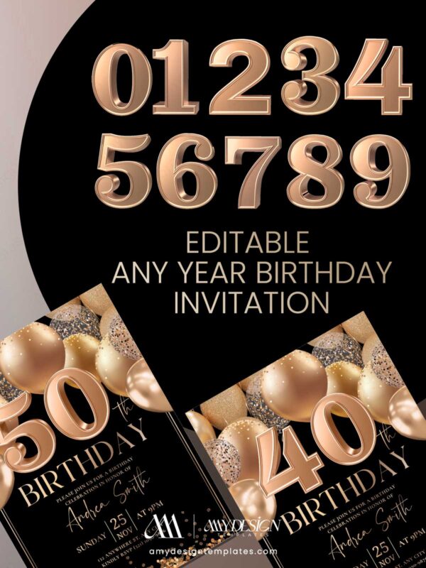 Elegant Gold Black 50th Birthday Invitation Card | Editable Canva Template