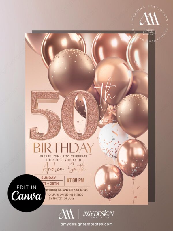 Modern Rose Gold 30th 40th 50th Birthday Invitation Card | Editable Canva Template