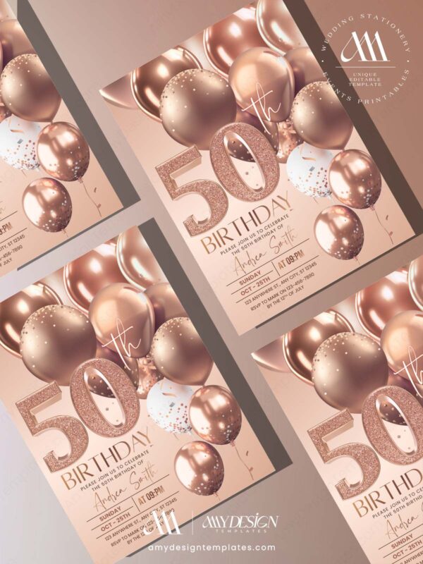 Modern Rose Gold 30th 40th 50th Birthday Invitation Card | Editable Canva Template