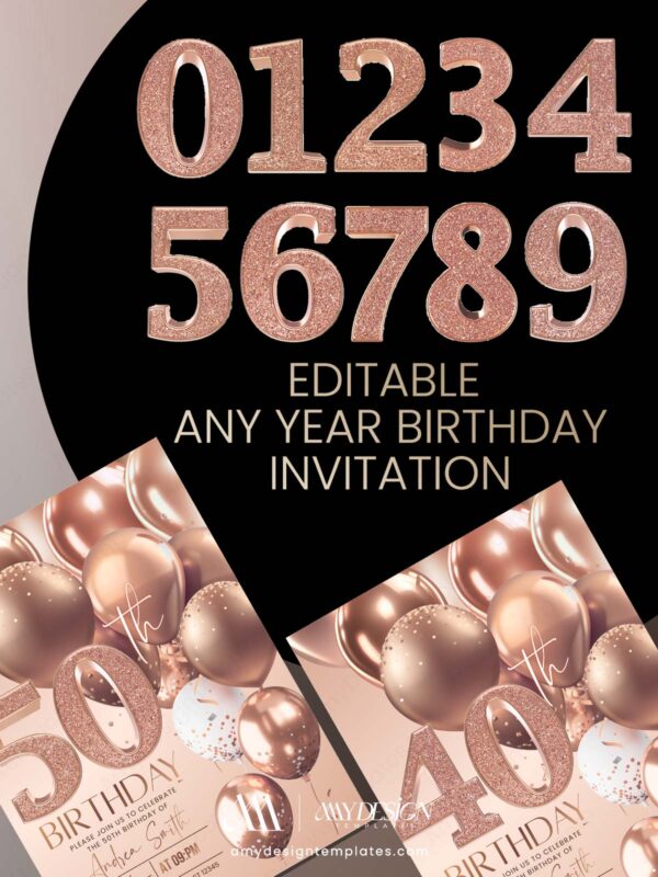 Modern Rose Gold 30th 40th 50th Birthday Invitation Card | Editable Canva Template
