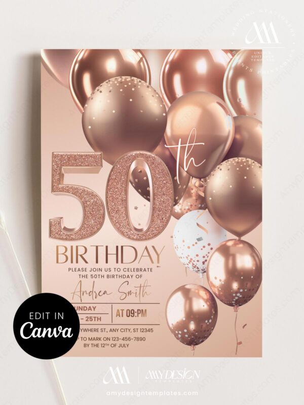 Modern Rose Gold 30th 40th 50th Birthday Invitation Card | Editable Canva Template