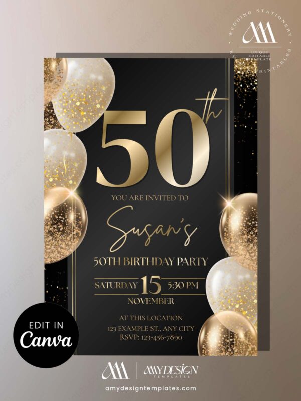 Luxury Black Gold 50th Birthday Invite Template | Editable Birthday Invitation | Canva Template Luxury Black Gold 50th Birthday Invite Template | Editable Birthday Invitation | Canva Template
