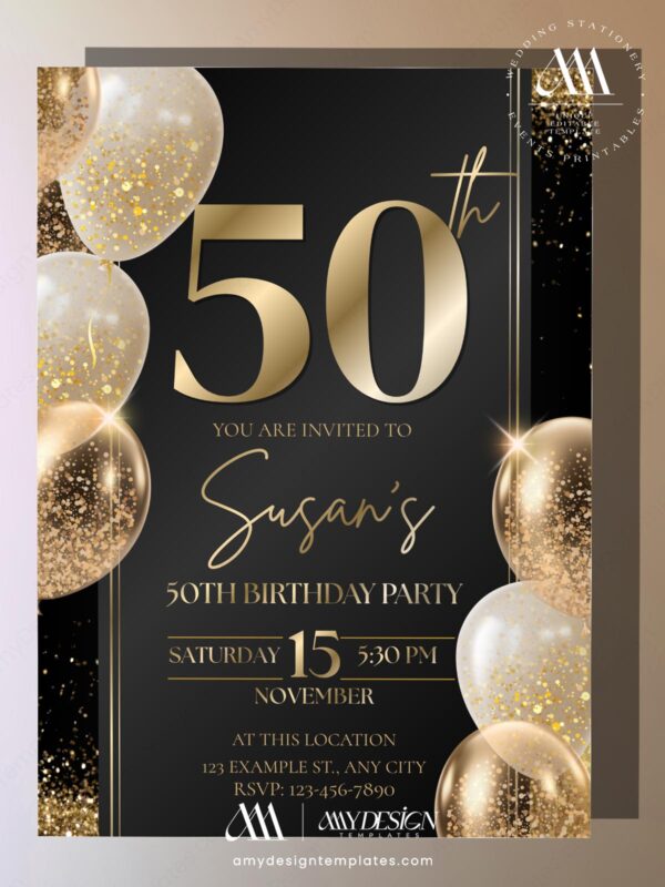 Luxury Black Gold 50th Birthday Invite Template | Editable Birthday Invitation | Canva Template